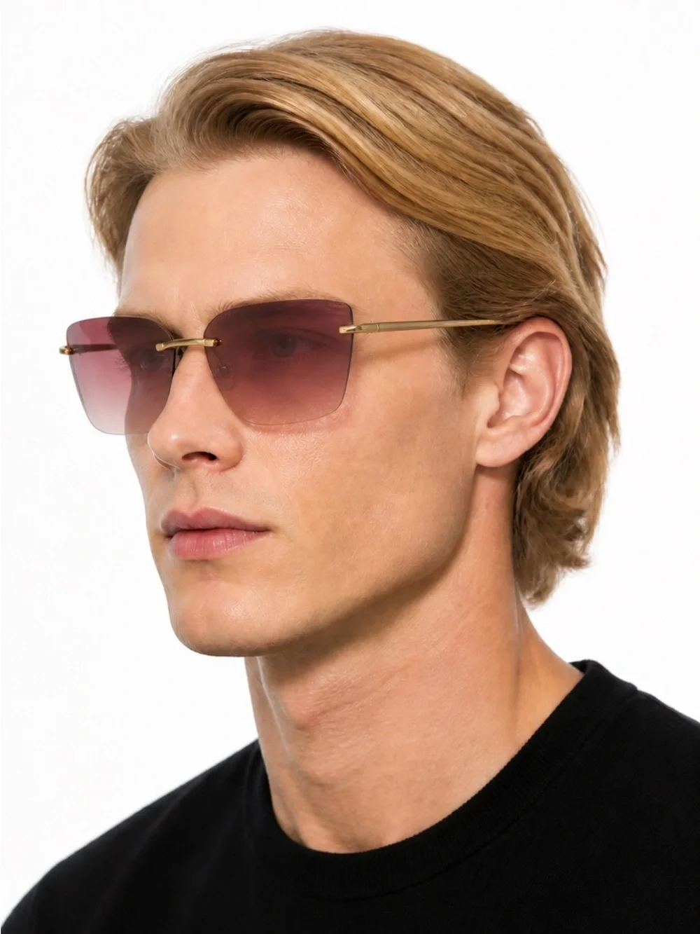 Rimless Men's Sunglasses with Pink Gradient Lenses and Gold Frame